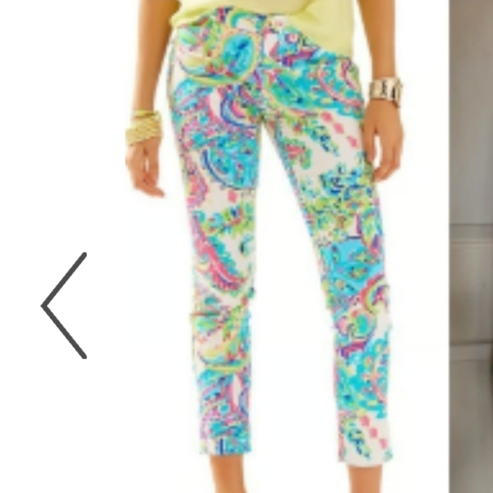 Lilly Pulitzer White Paisley Print Ankle Pants with Aqua, Pink & Lime size 4